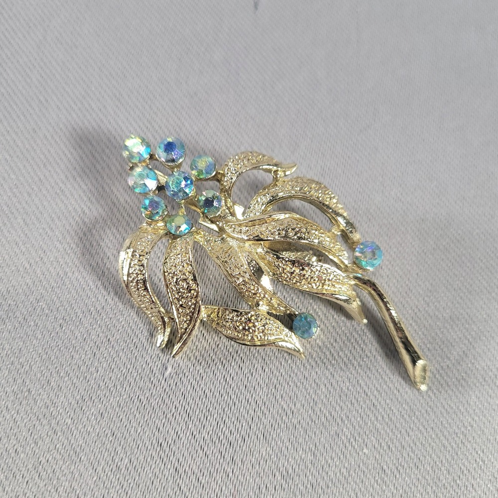 Vintage Floral Spray Brooch Women Gold Tone Blue AB Rhinestone Textured Leaf